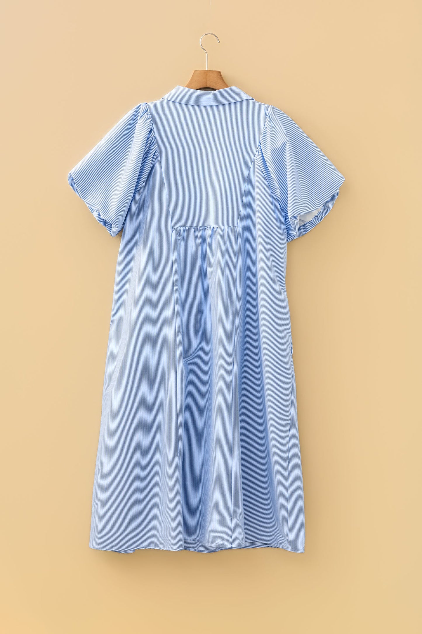 Plus Size Stripe Shirred Collared V-Neck Midi Dress