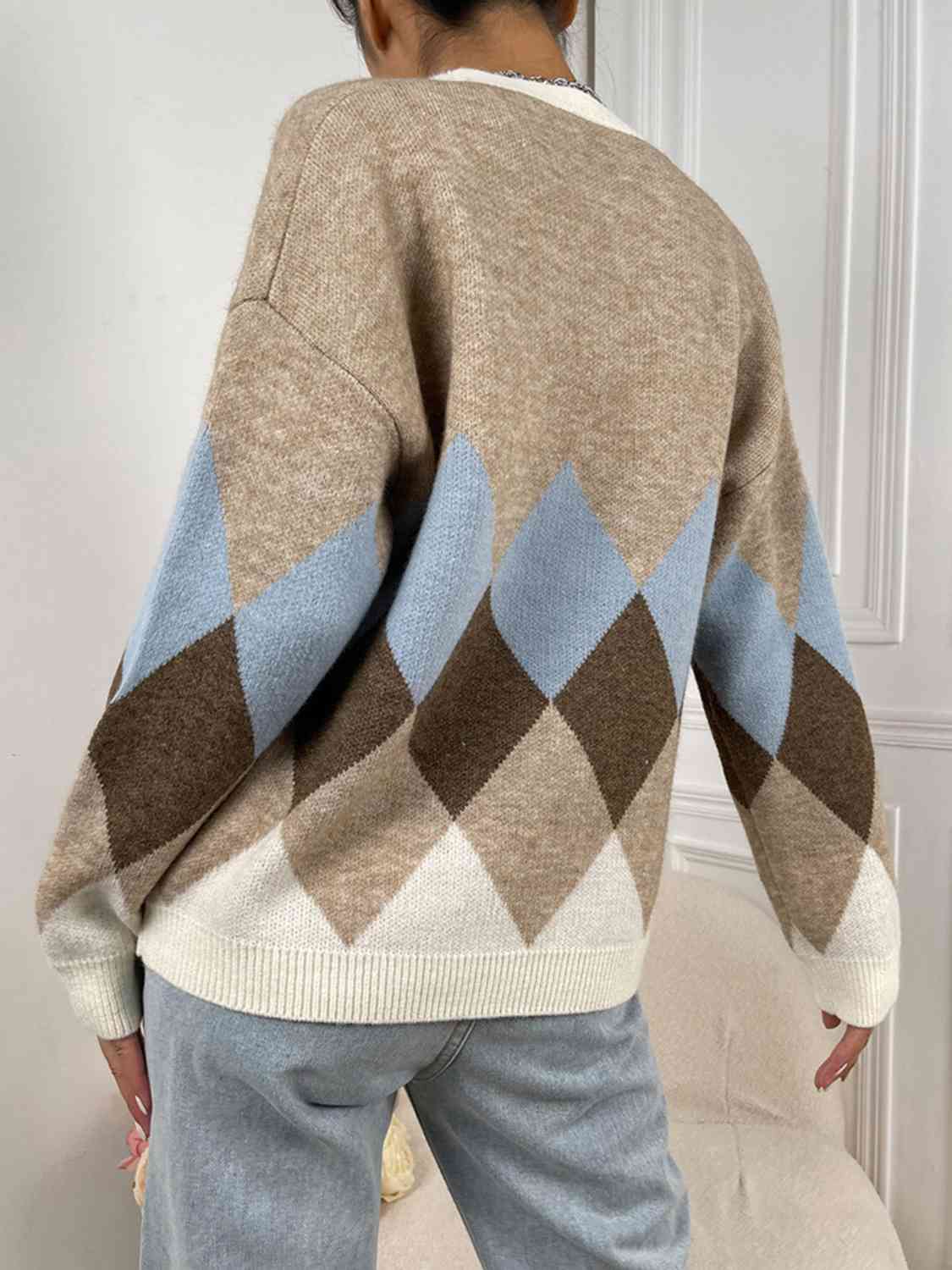 Geometric Button-Up V-Neck Dropped Shoulder Cardigan