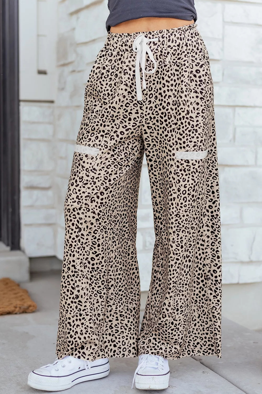 Leopard Print Wide-Leg Pants with Drawstring