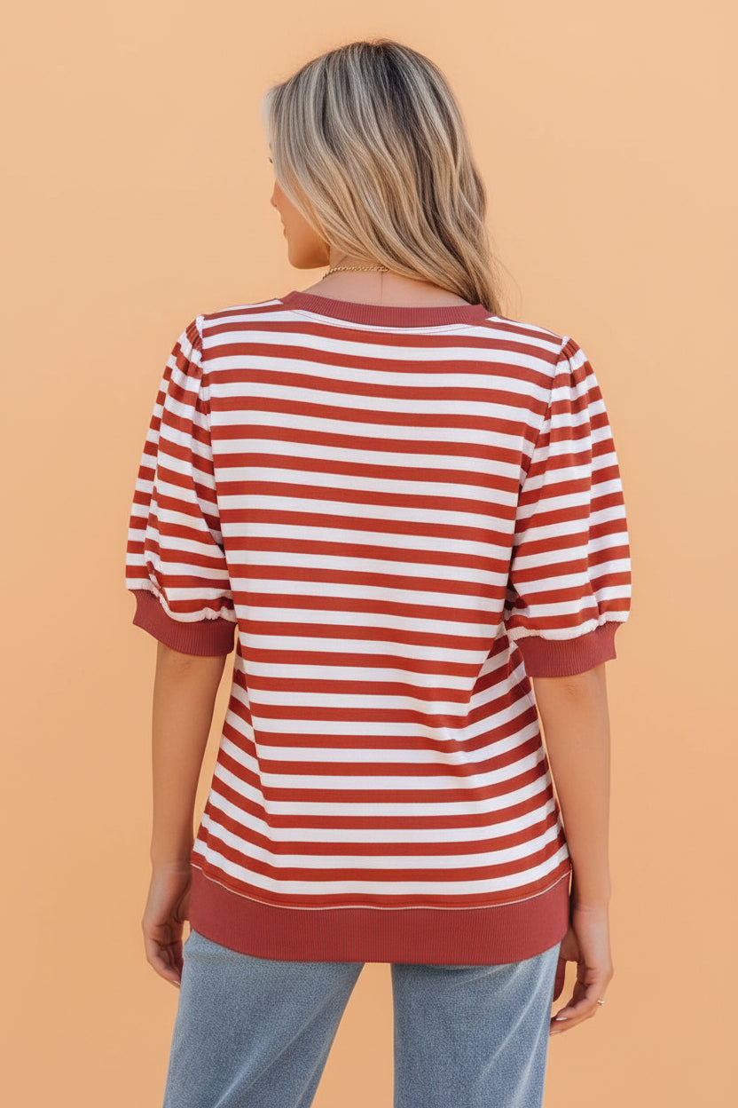 Stripe Short Bubble Sleeve T-Shirt Top