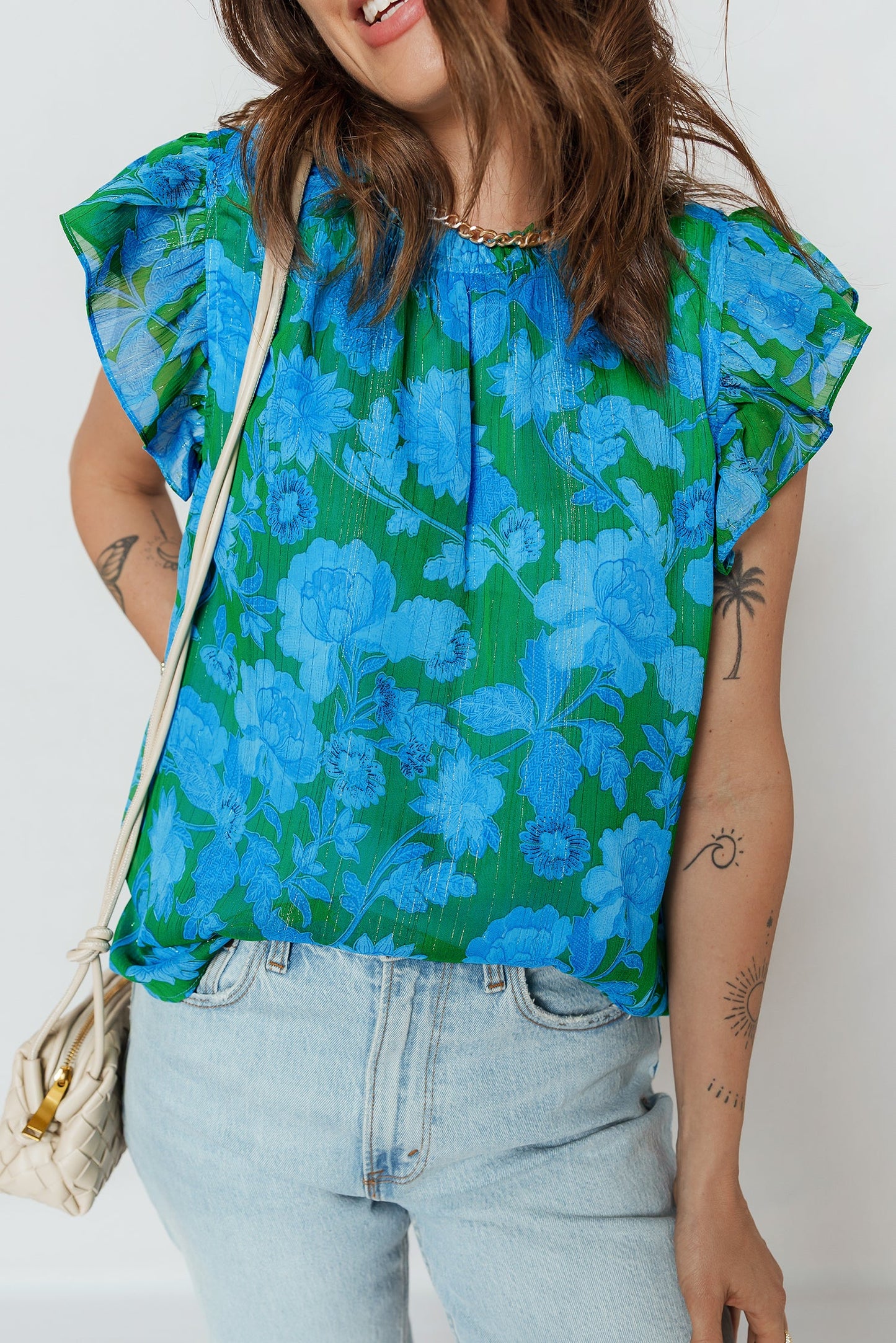 Floral Ruffle Sleeve Keyhole Back Blouse