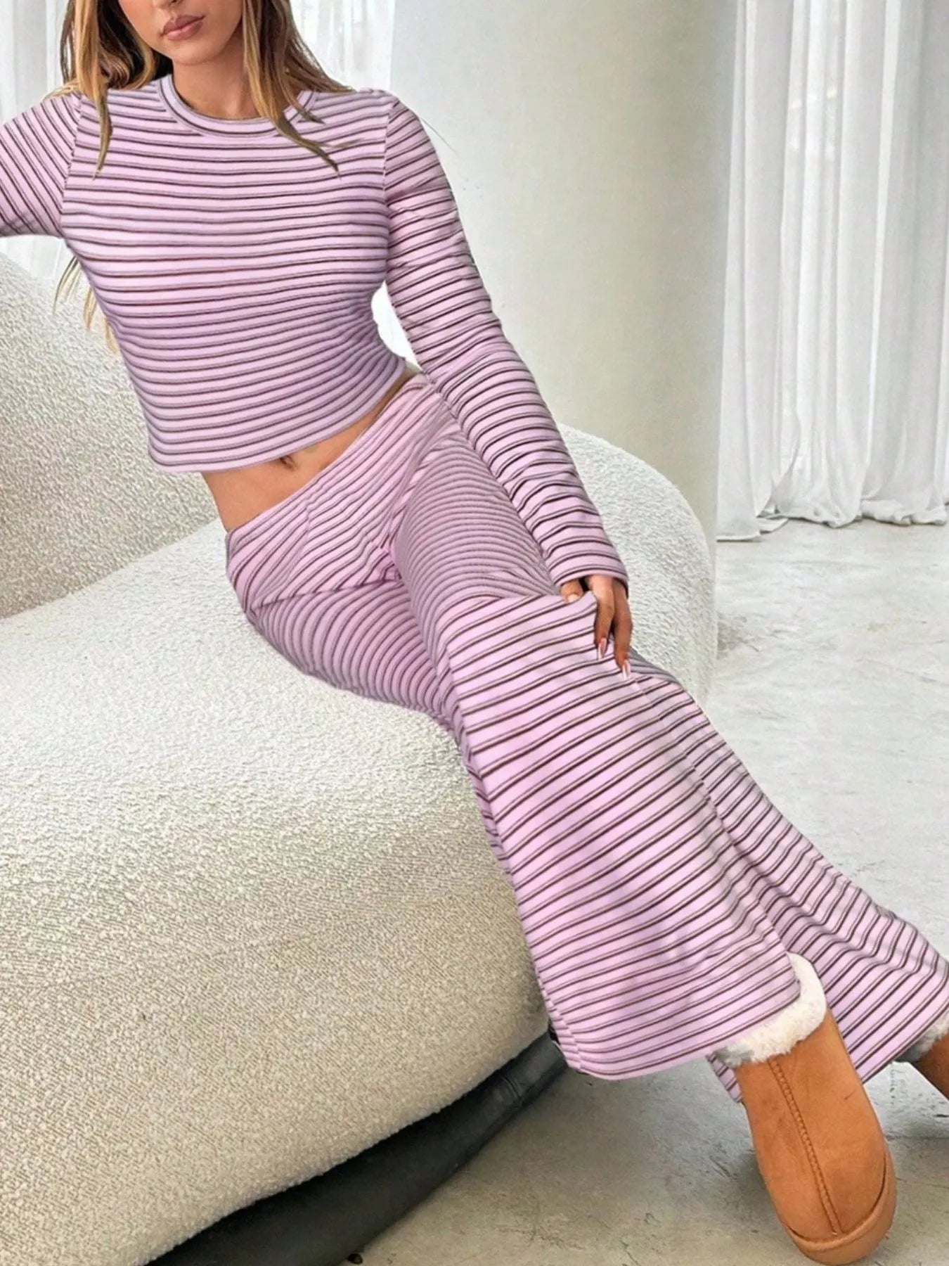 Striped Long Sleeve Crop Top and Wide Leg Pants Two-Piece Set