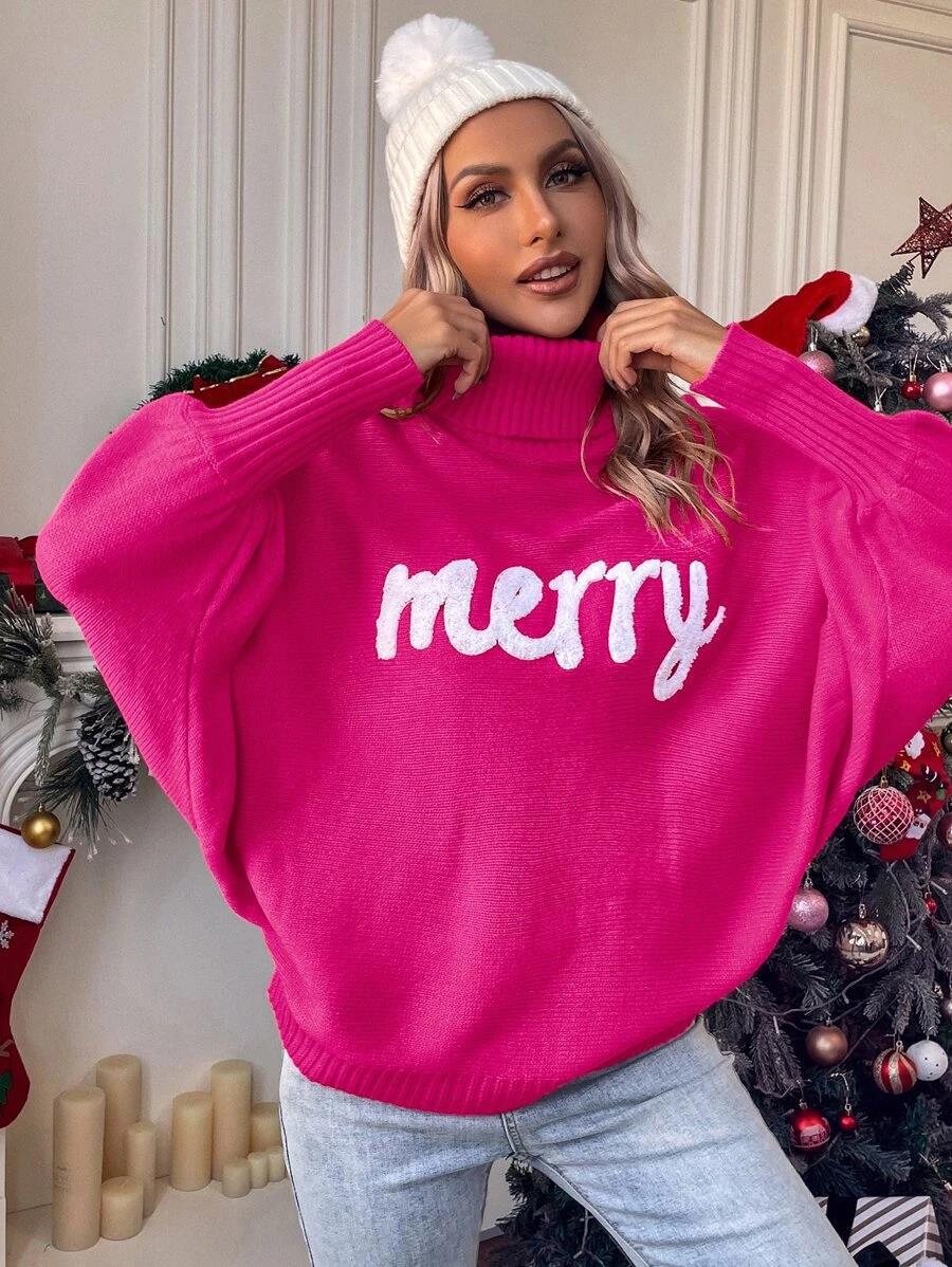European And American Cross-border Christmas Turtleneck Women's Clothing Amazon Autumn And Winter Loose Bat Sleeve Outerwear Knitted Top Women