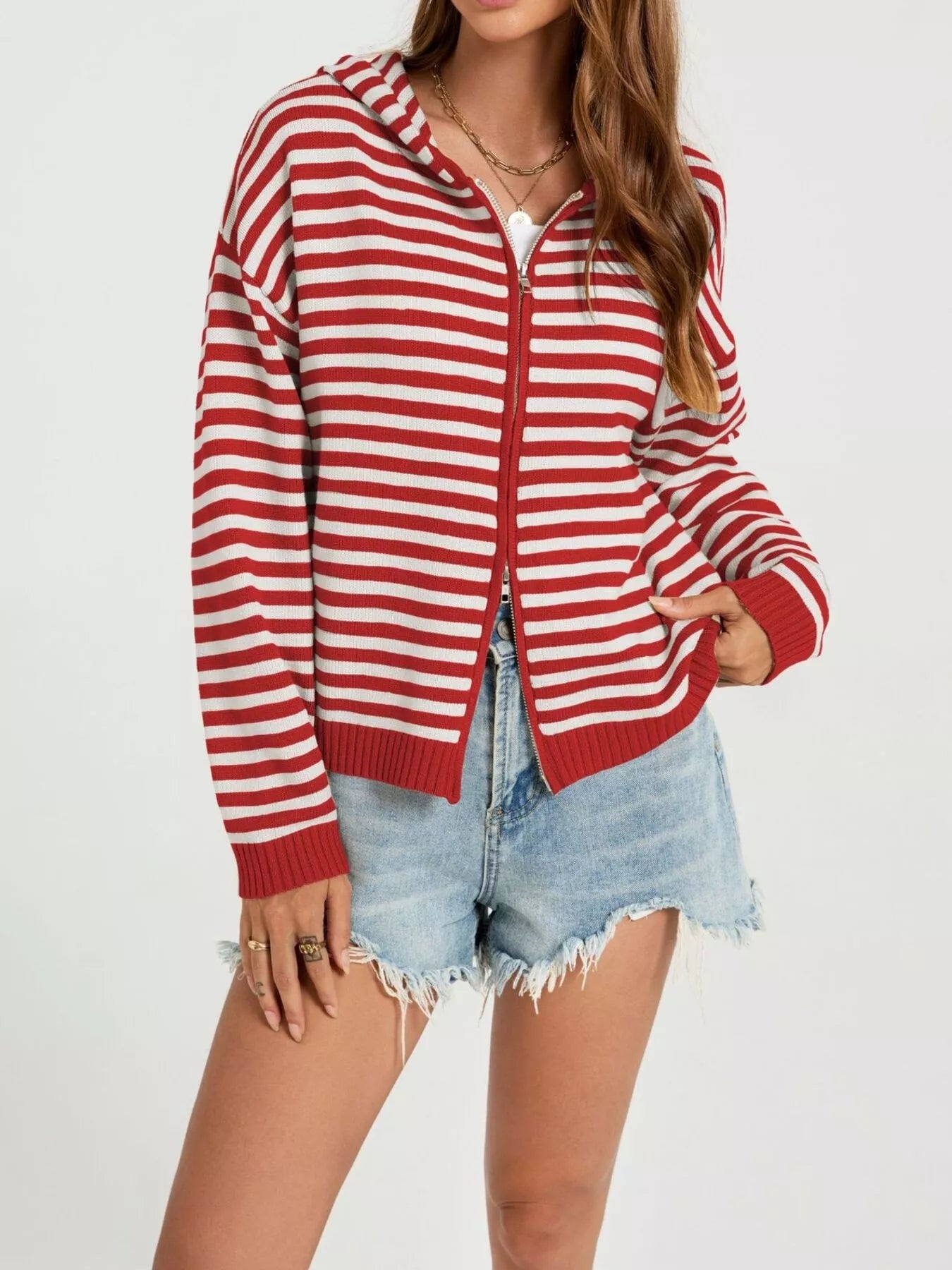 Striped Hooded Zip-Up Knit Cardigan
