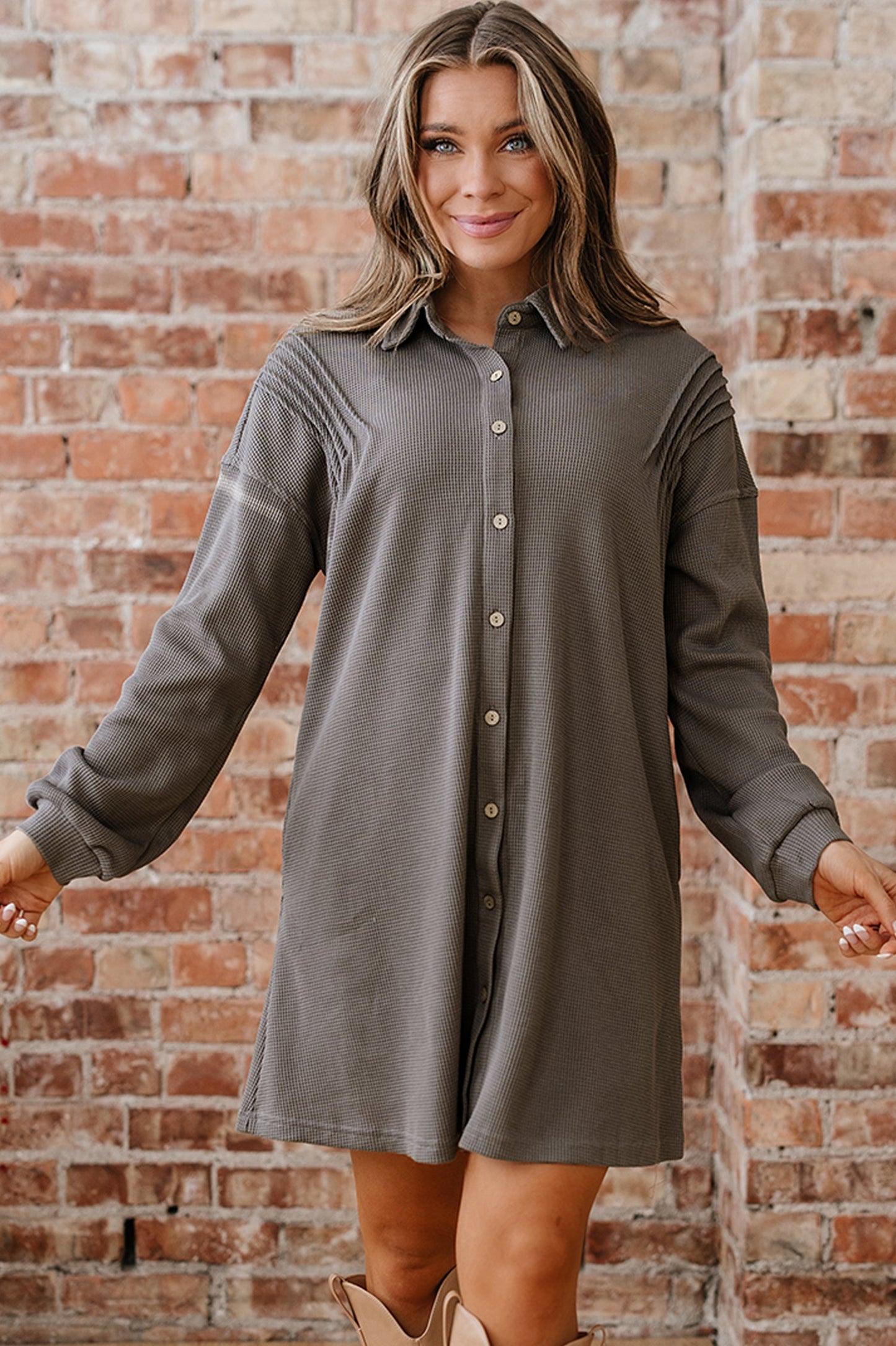 Waffle Knit Pleated Drop Shoulder Shirt Dress