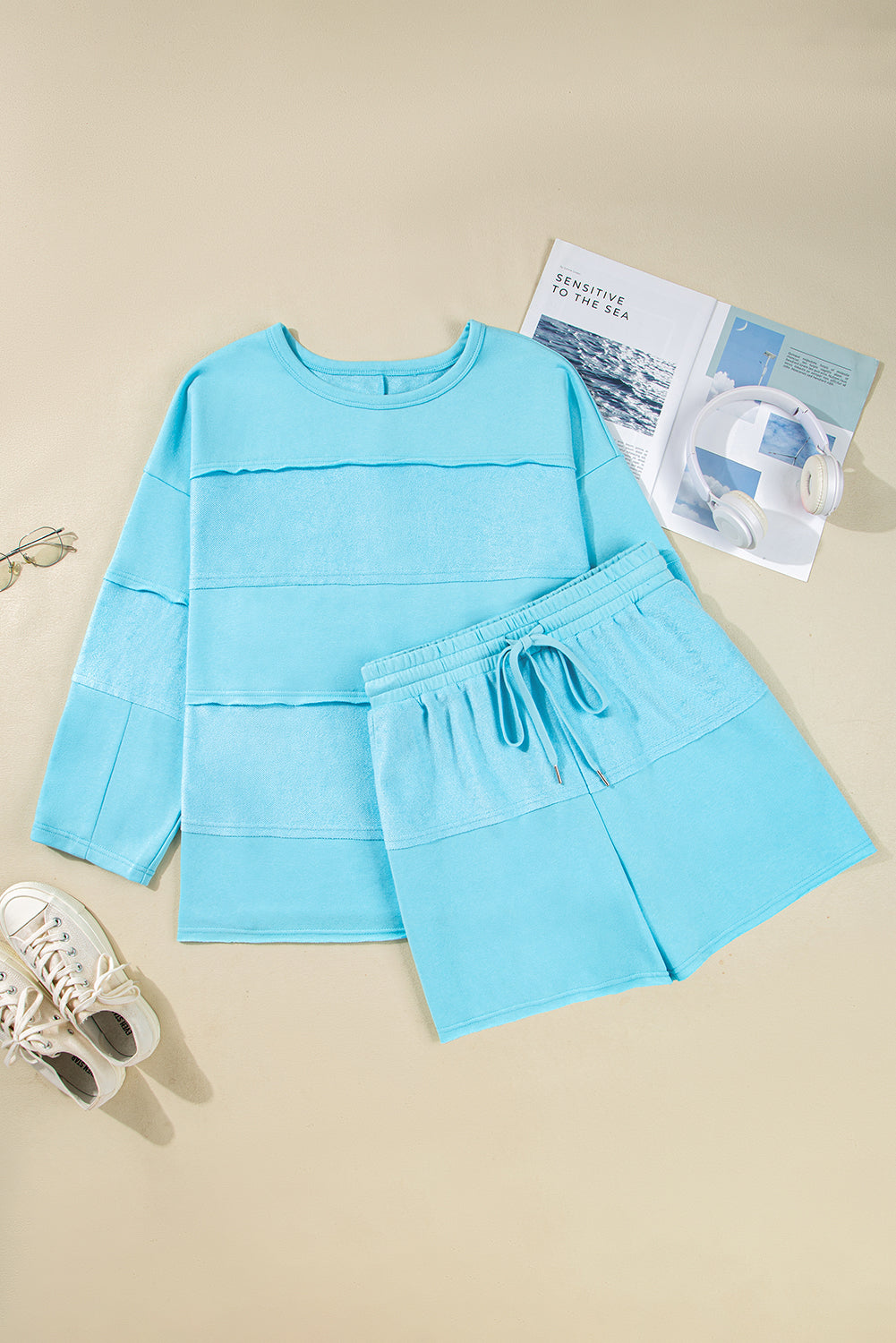 Plus Size Solid Pullover Top and Shorts Set