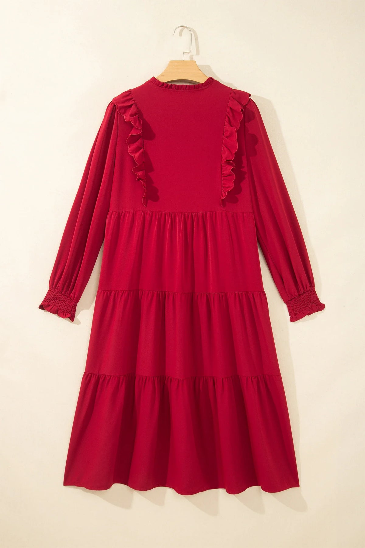Solid Ruffle Trim Long Sleeve Tiered Midi Dress