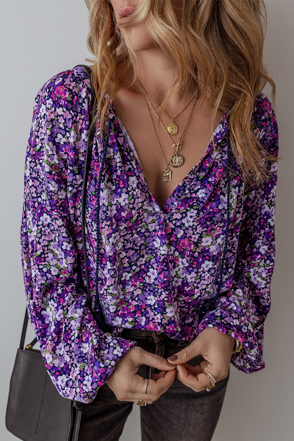 Boho Flower V-Neck Bubble Sleeve Top