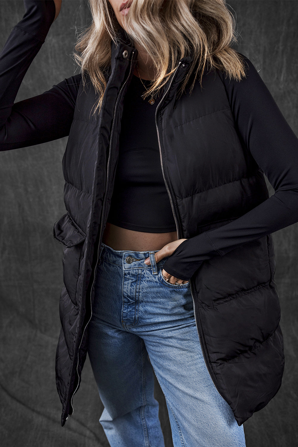 Solid Zip-Up Pocketed Puffer Vest