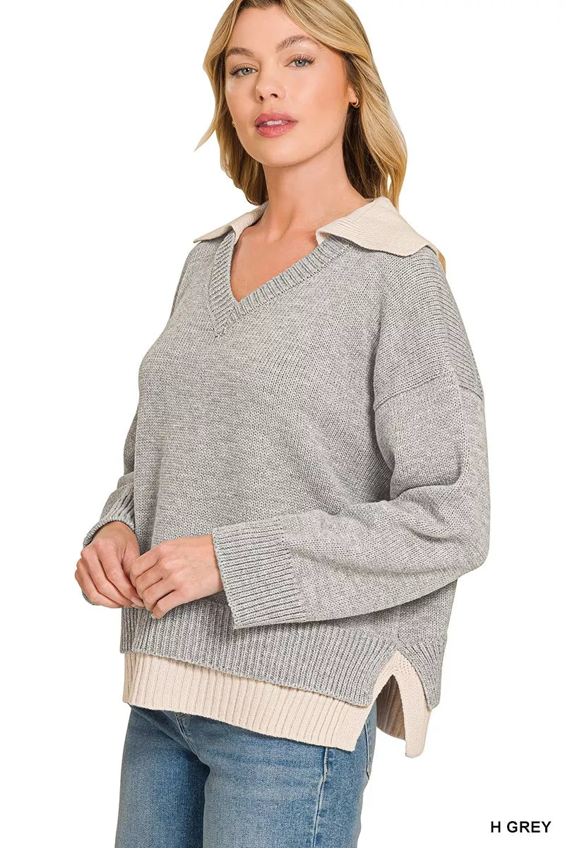 Zenana Dual-look Collared V-neck Sweater