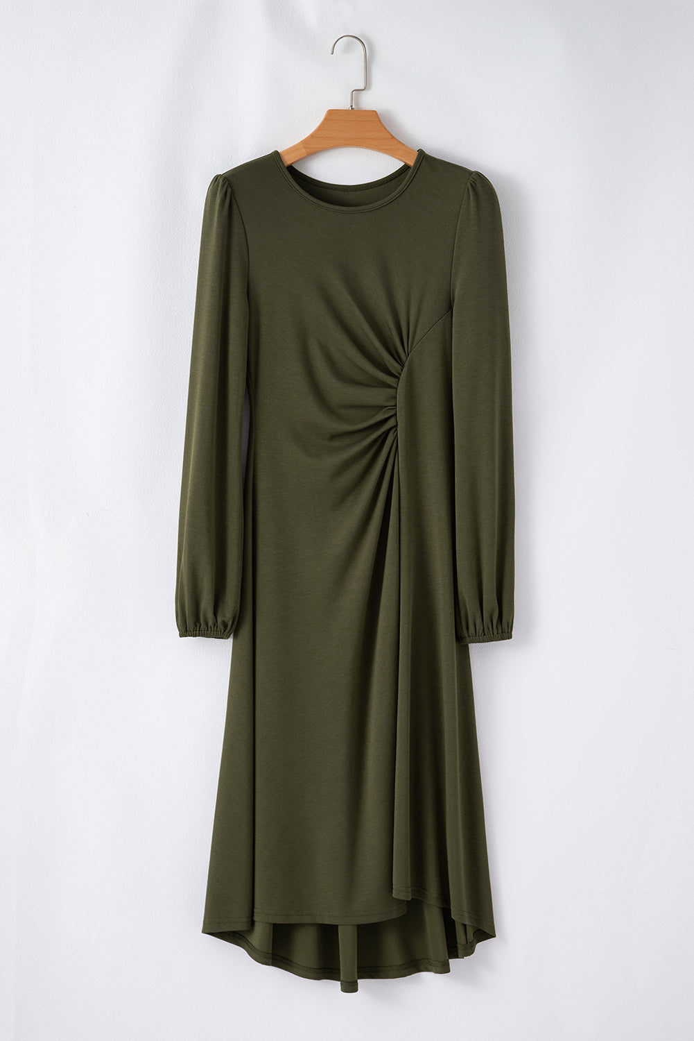 Solid Ruched Long Puff Sleeve Midi Dress