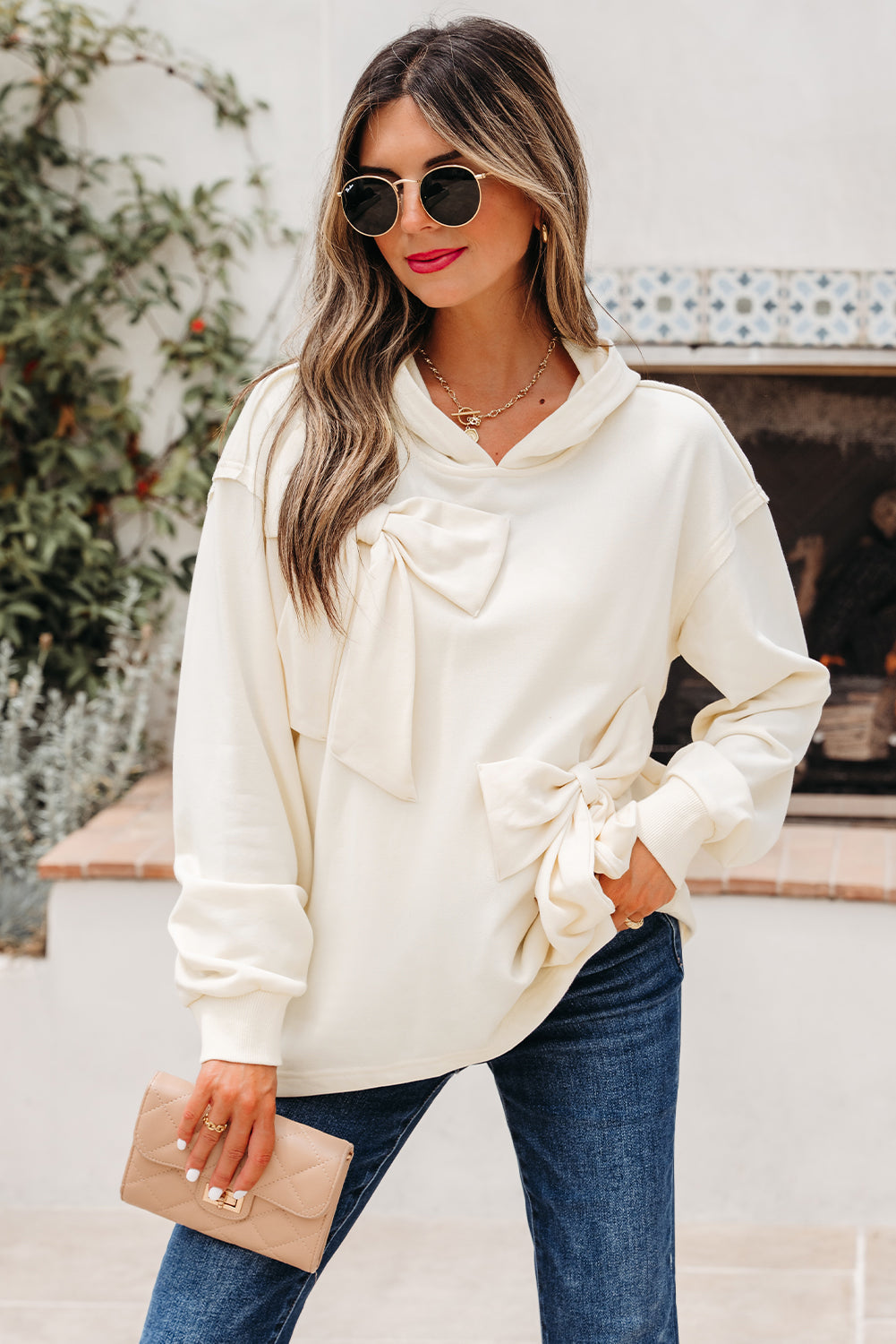 Solid Bow Tie Long Sleeve Hoodie