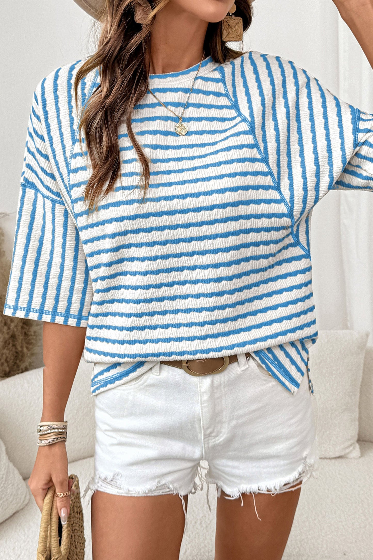 Stripe Textured Knit 3/4 Sleeve Top