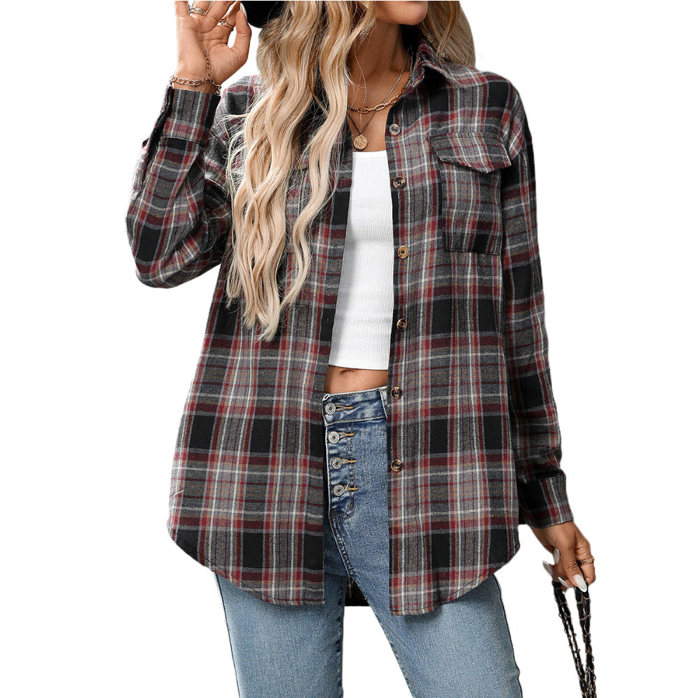 Autumn And Winter Cross-Border European And American Clothing 2025 New Casual Fashion Loose Plaid Pocket Shirt For Women