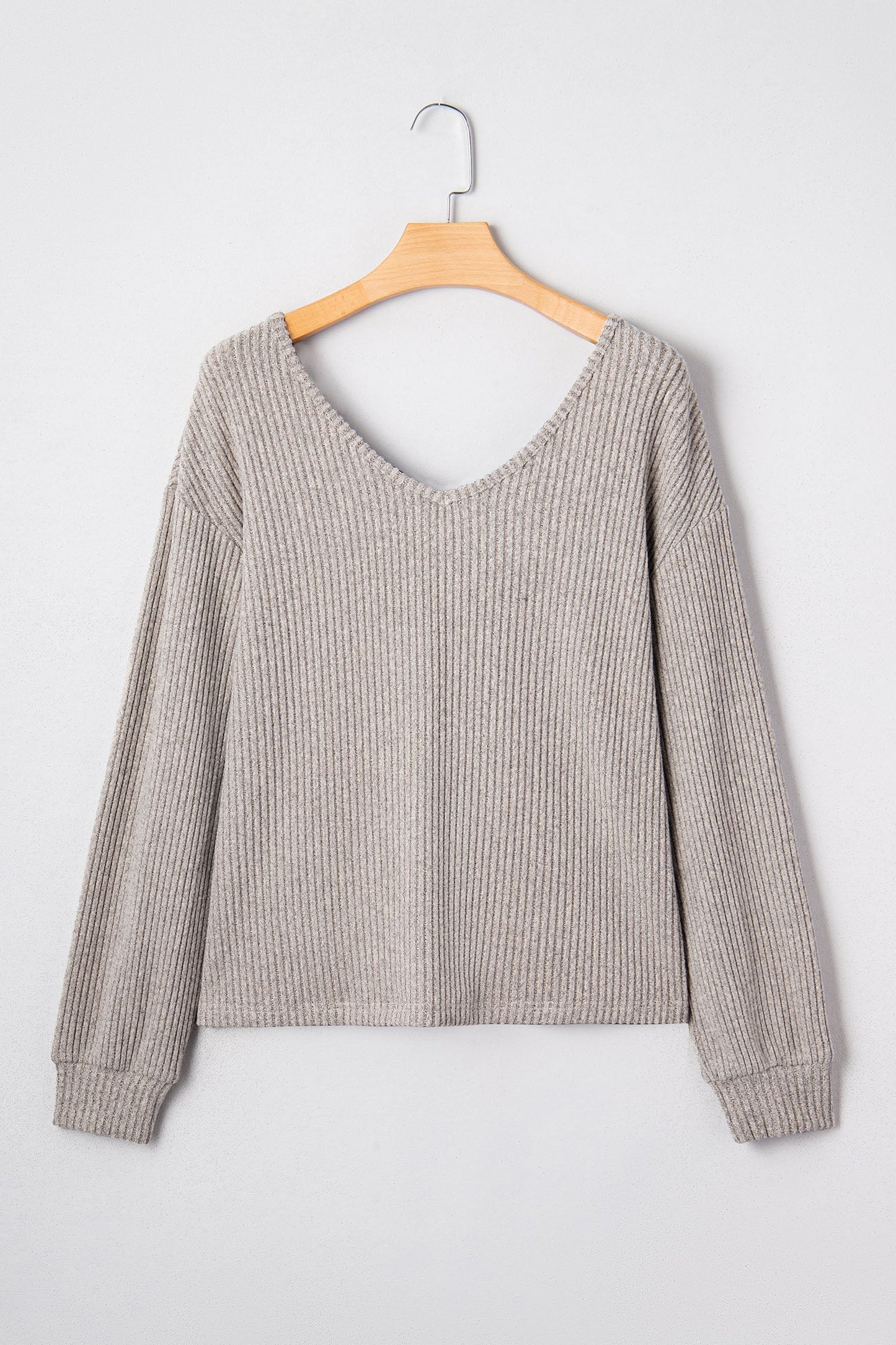 Bow Back Ribbed Knit V-Neck Drop Shoulder Top