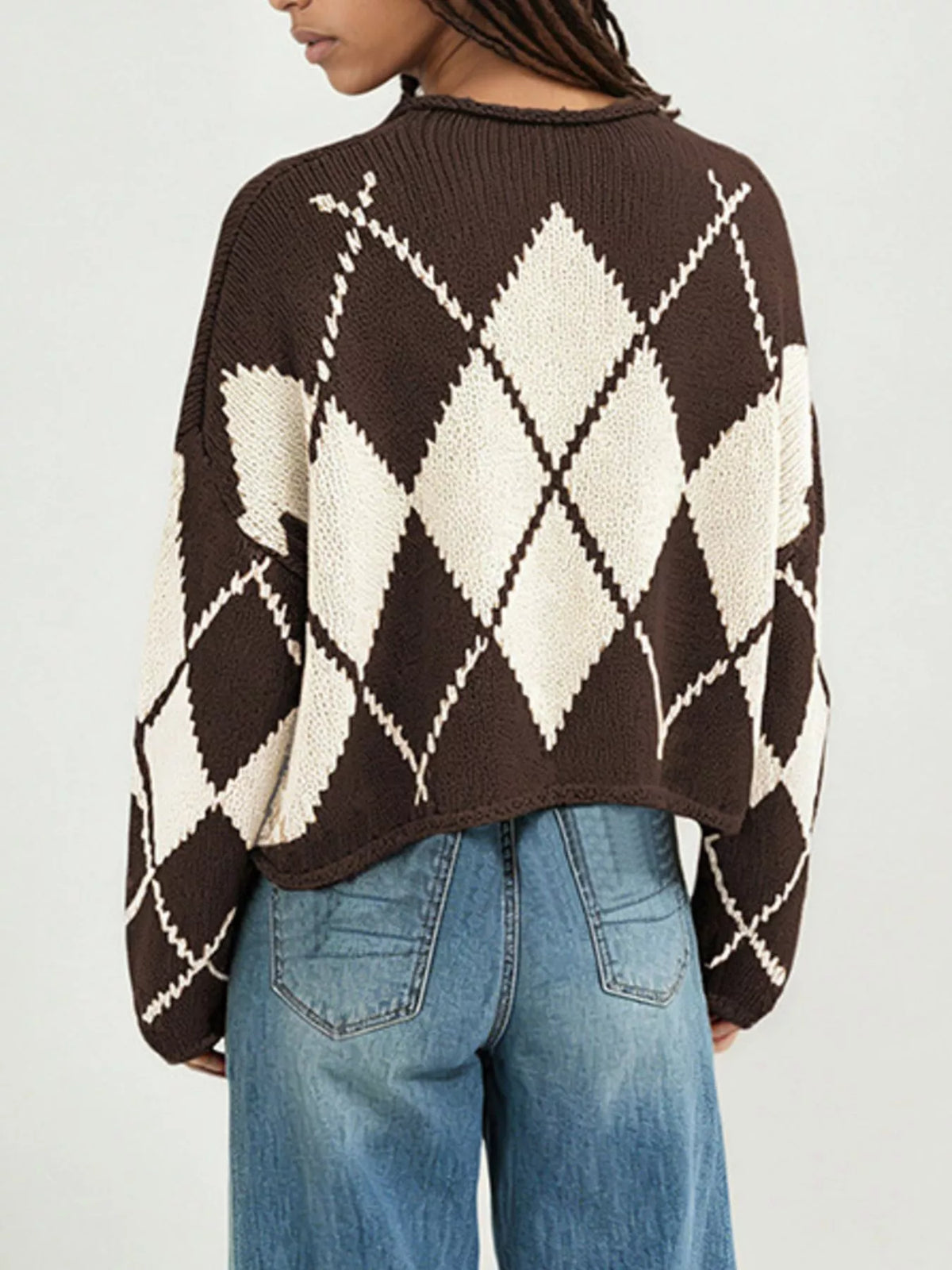 Argyle Pattern Knit Dropped Shoulder Sweater