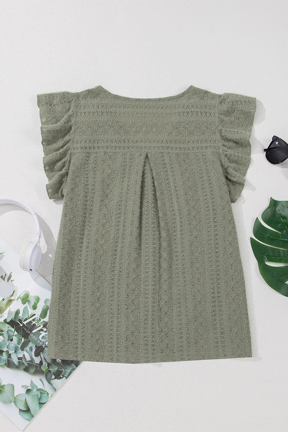 Lace Textured Flutter Sleeve Buttoned V-Neck Shirt