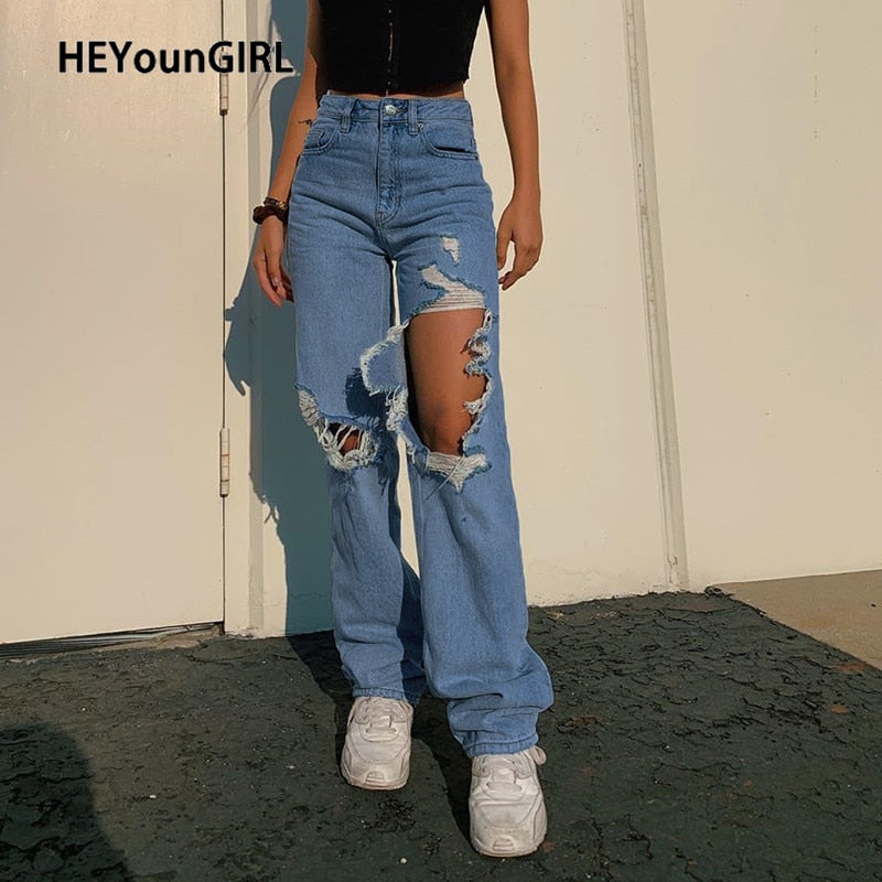EtherealBe hollow out ripped denim pants - High-Waist Baggy