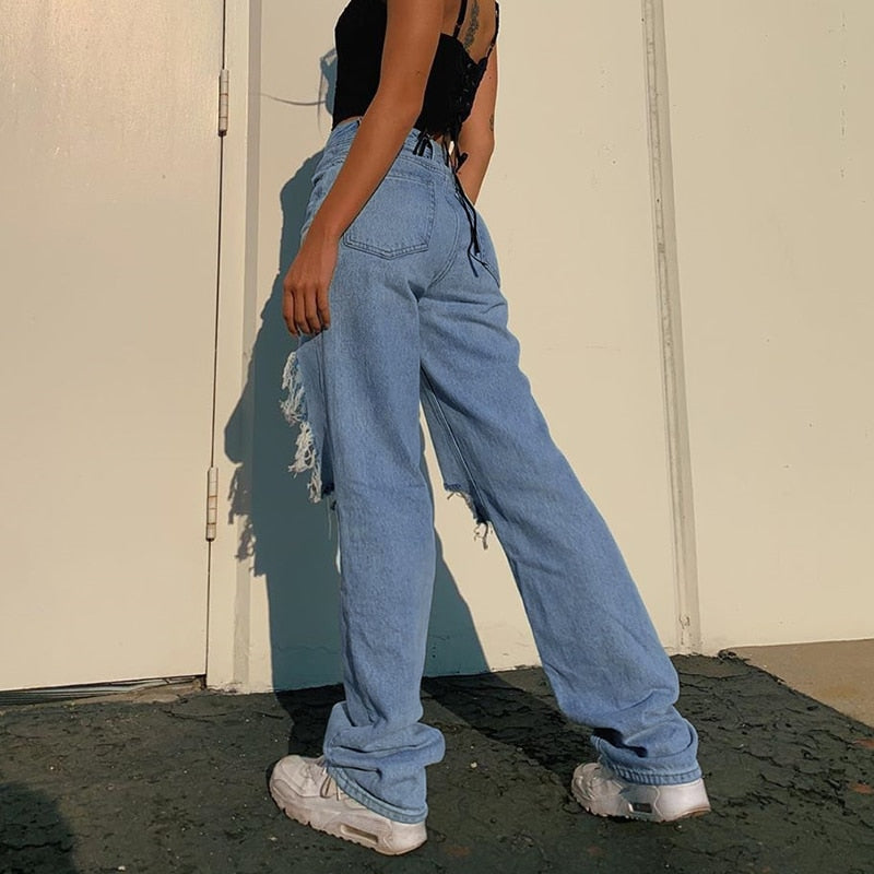 EtherealBe hollow out ripped denim pants - High-Waist Baggy