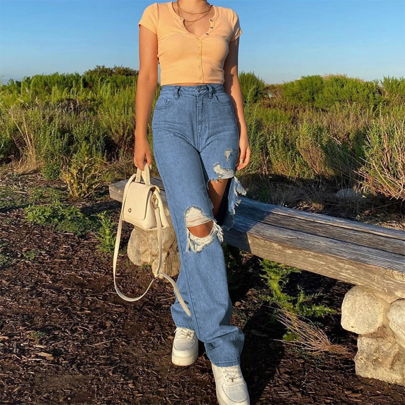 EtherealBe hollow out ripped denim pants - High-Waist Baggy