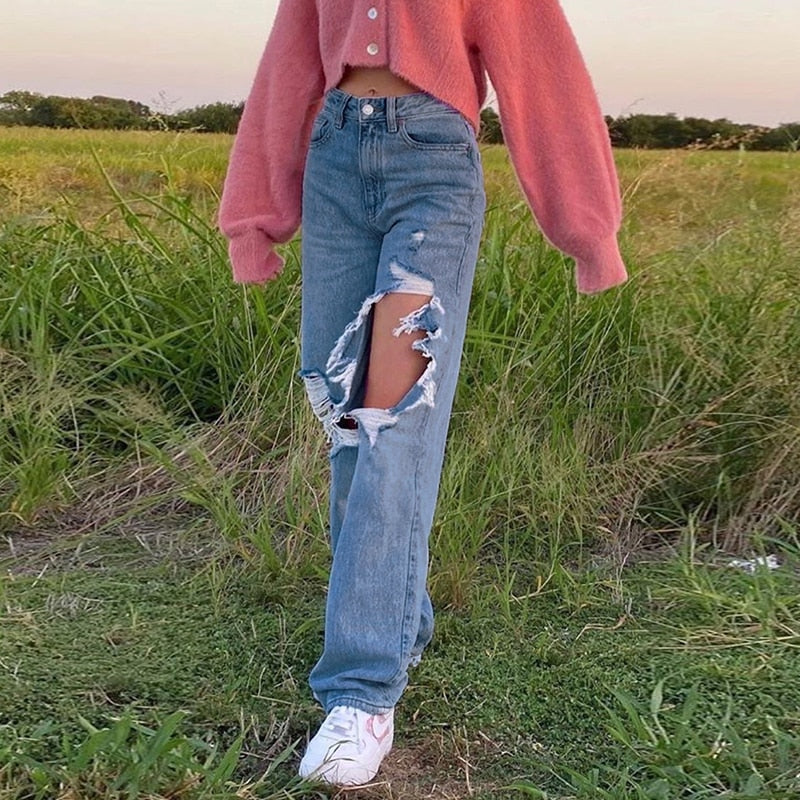 EtherealBe hollow out ripped denim pants - High-Waist Baggy