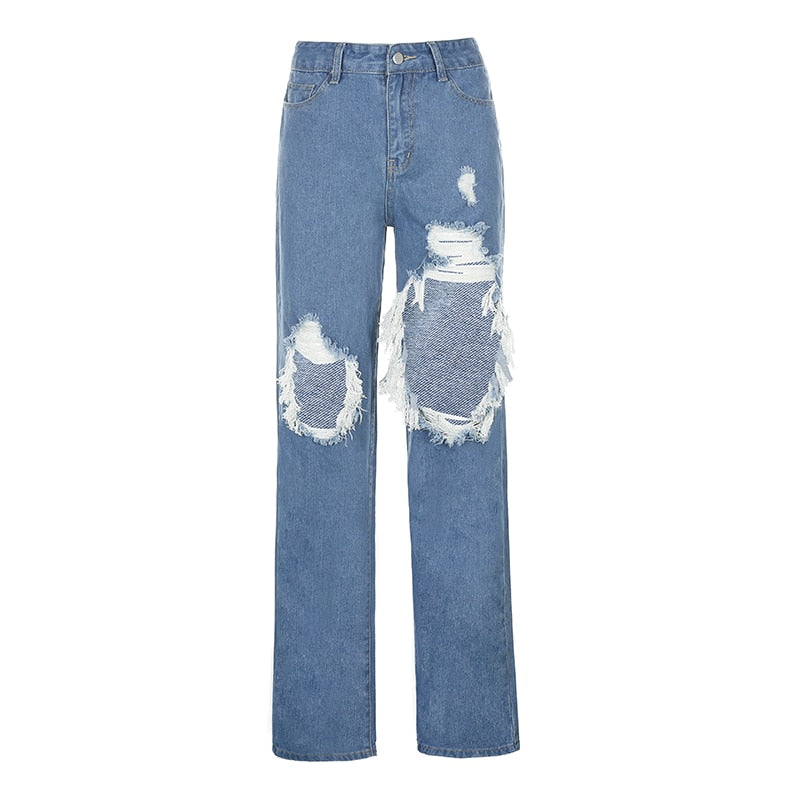 EtherealBe hollow out ripped denim pants - High-Waist Baggy