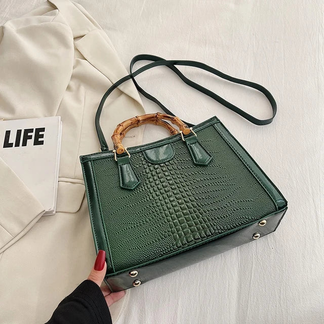 High Quality Leather Shoulder Bag For Women Luxury Alligator Handbag Designer Women Bag Retro Bamboo Handle Tote Bag Female