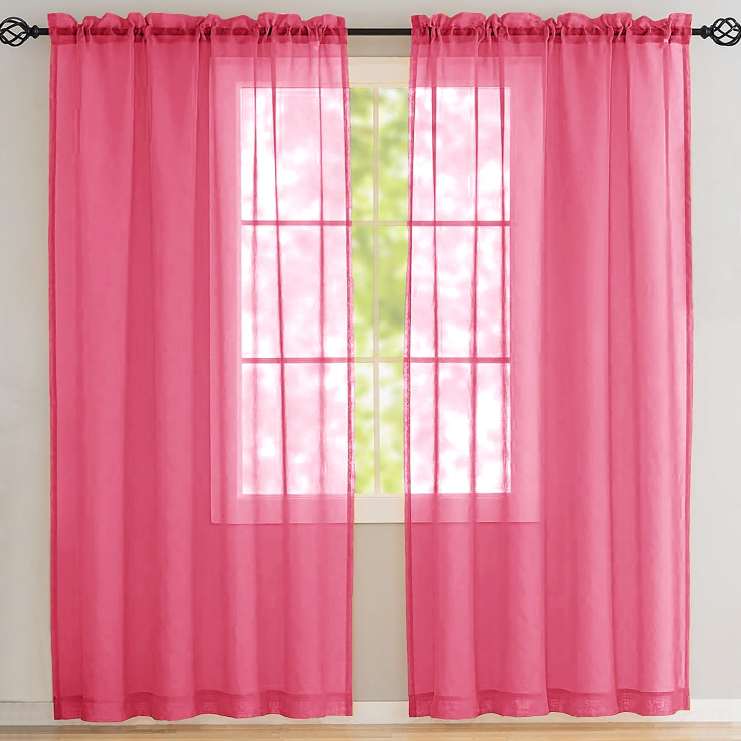 63" Inches Long - Hot Pink Sheer Window Rod Pocket Curtain Set (2 Panels)
