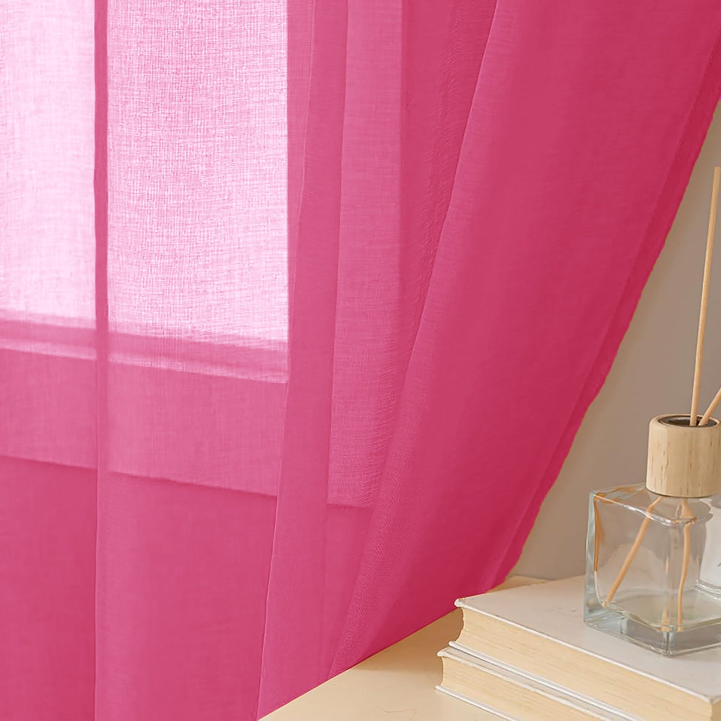 63" Inches Long - Hot Pink Sheer Window Rod Pocket Curtain Set (2 Panels)