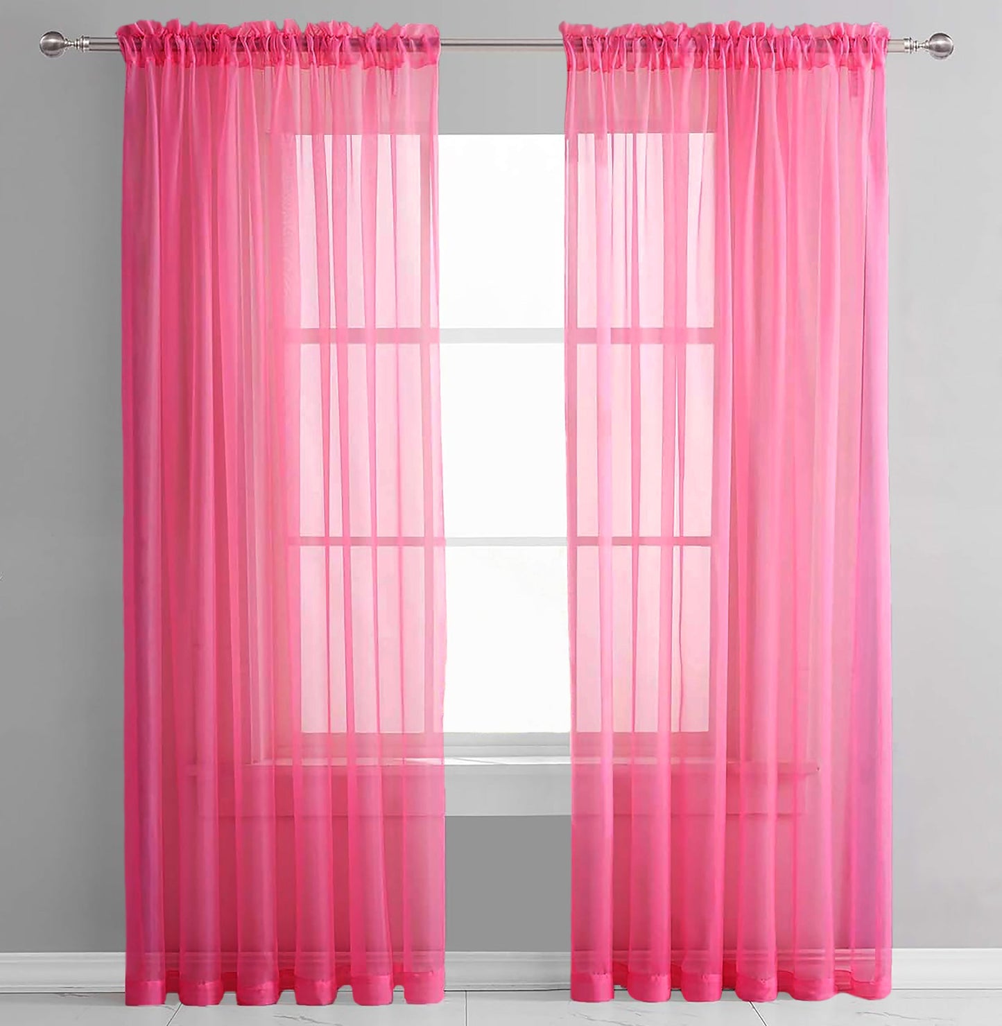 63" Inches Long - Hot Pink Sheer Window Rod Pocket Curtain Set (2 Panels)