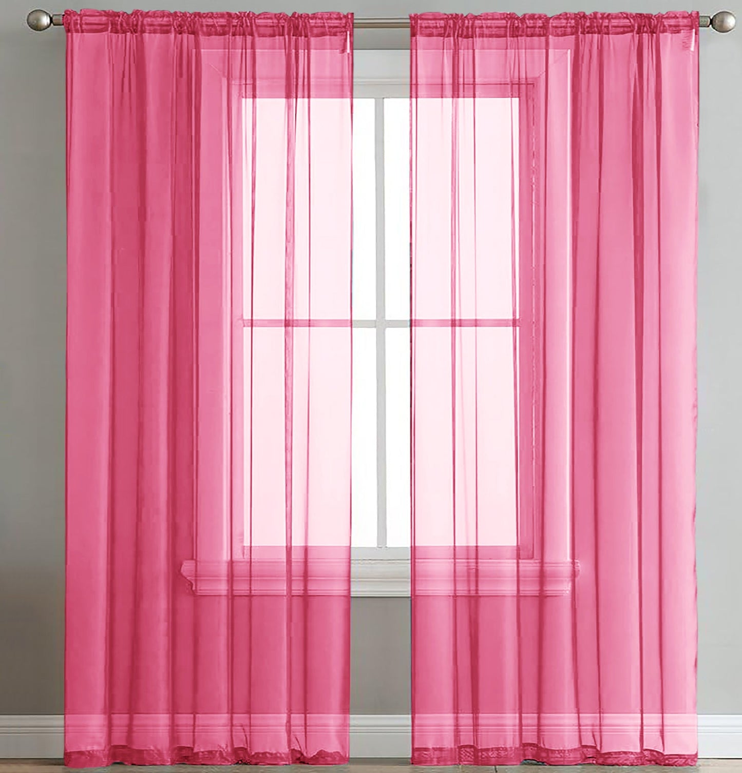 63" Inches Long - Hot Pink Sheer Window Rod Pocket Curtain Set (2 Panels)
