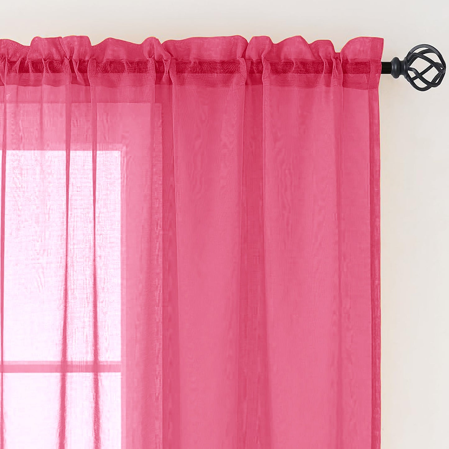 63" Inches Long - Hot Pink Sheer Window Rod Pocket Curtain Set (2 Panels)