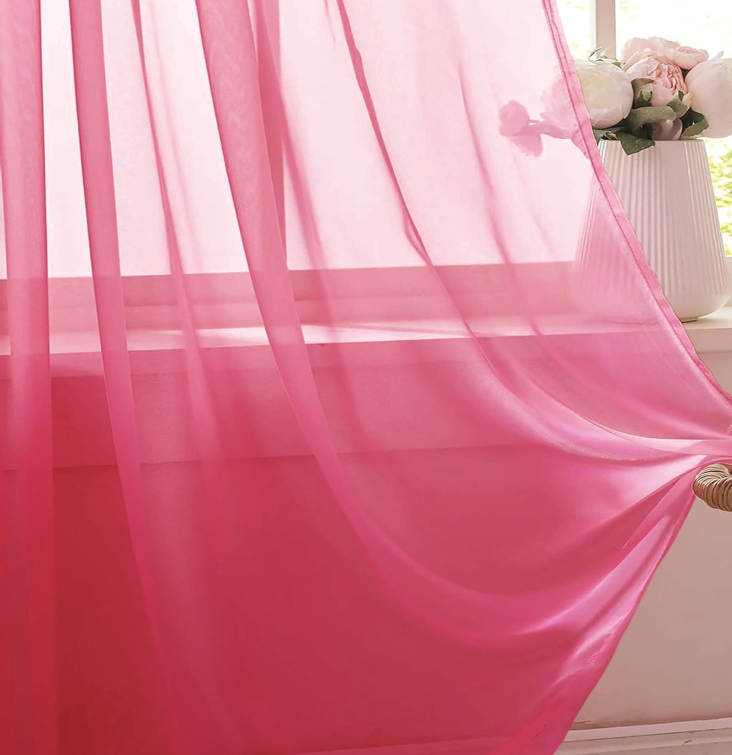 63" Inches Long - Hot Pink Sheer Window Rod Pocket Curtain Set (2 Panels)