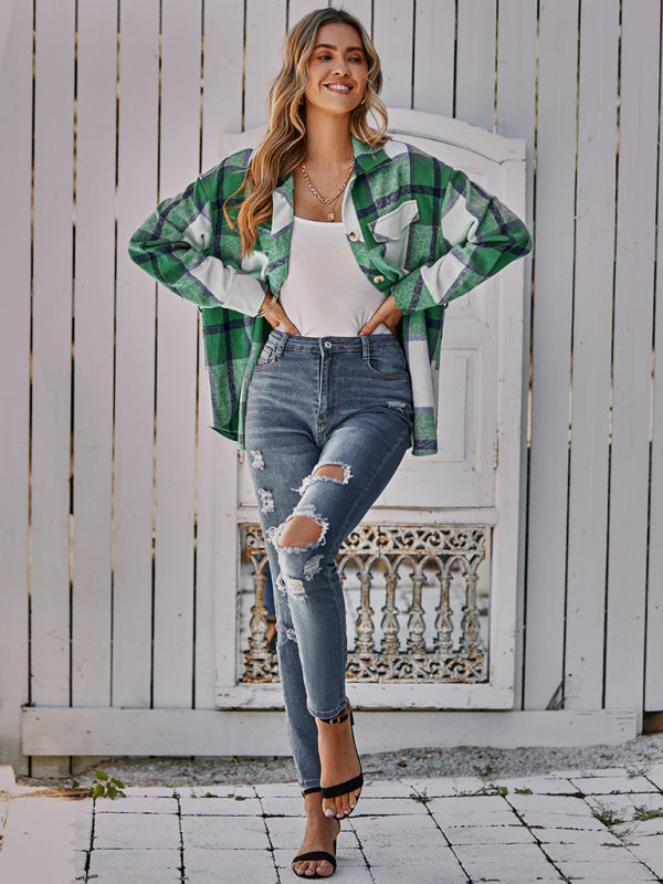 Women's single breasted casual plaid belt jacket