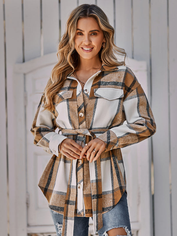 Women's single breasted casual plaid belt jacket