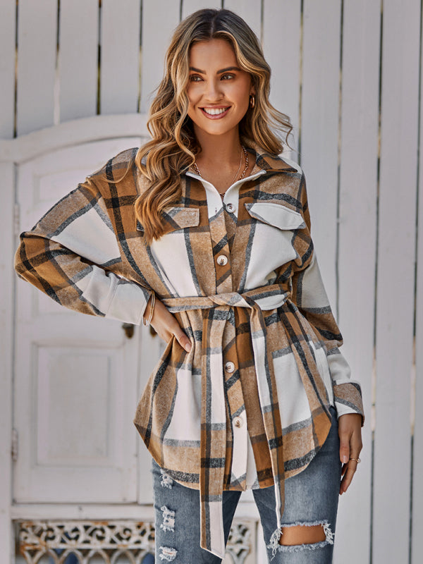 Women's single breasted casual plaid belt jacket