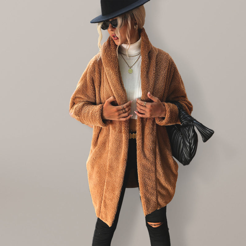 Women's reversible plush buttonless solid color loose long lapel cardigan
