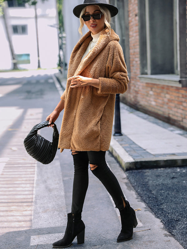 Women's reversible plush buttonless solid color loose long lapel cardigan