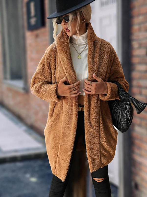 Women's reversible plush buttonless solid color loose long lapel cardigan