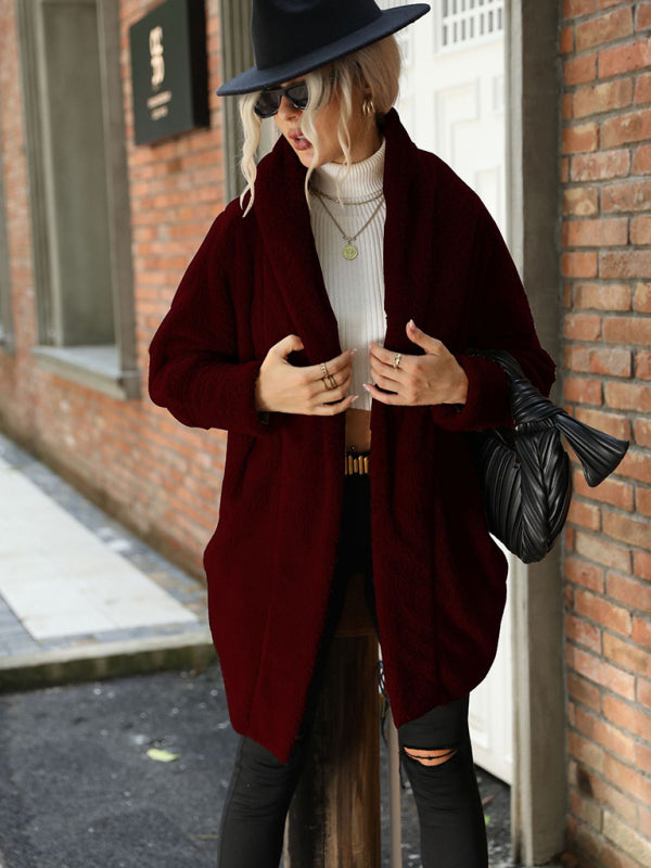 Women's reversible plush buttonless solid color loose long lapel cardigan