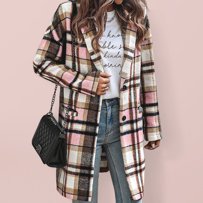 Women’s Button Front Long Sleeve Plaid Print Detail Long Blazer Coat