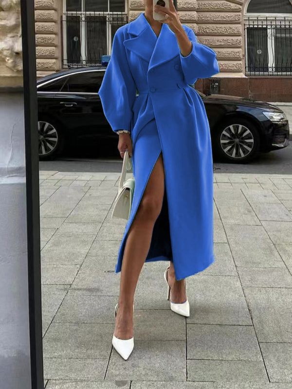 Women’s Long Statement Overcoat With Pleated Waist And Lantern Sleeves