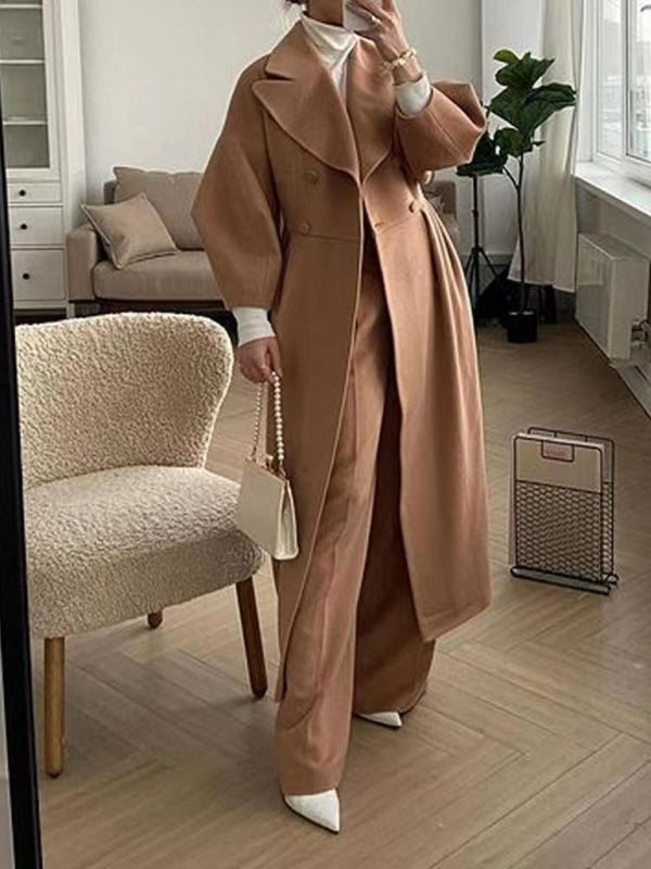 Women’s Long Statement Overcoat With Pleated Waist And Lantern Sleeves