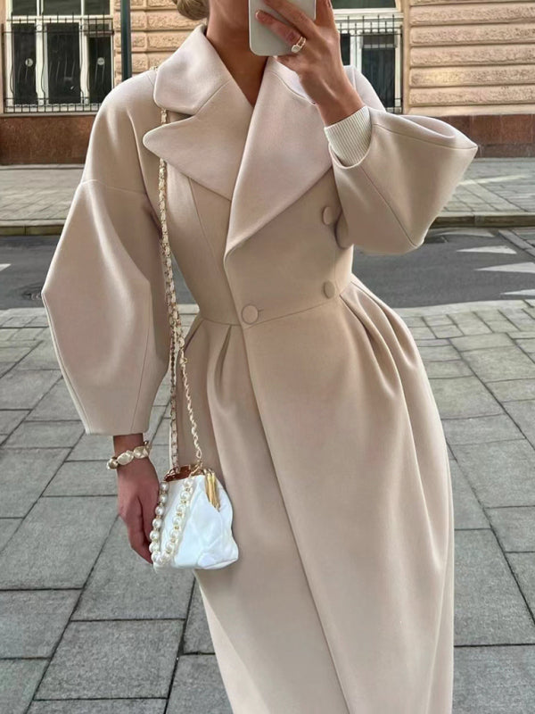 Women’s Long Statement Overcoat With Pleated Waist And Lantern Sleeves