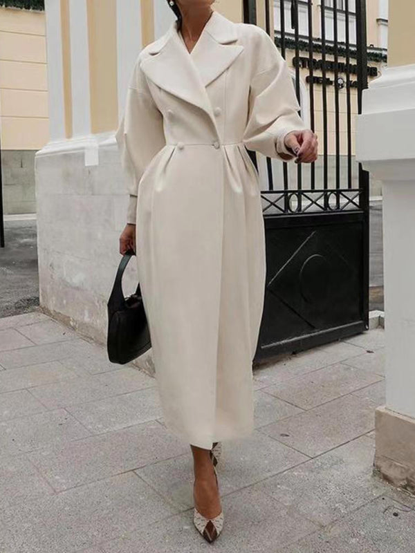 Women’s Long Statement Overcoat With Pleated Waist And Lantern Sleeves
