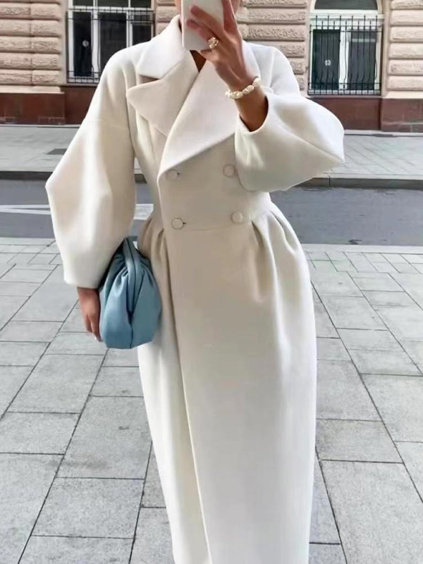 Women’s Long Statement Overcoat With Pleated Waist And Lantern Sleeves