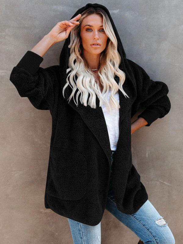 Women’s Open Front Sherpa Hoodie With Side Pockets
