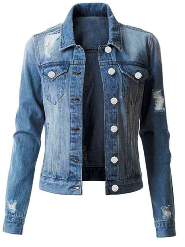 Women’s Spread Collar Distressed Non Stretch Denim Jacket
