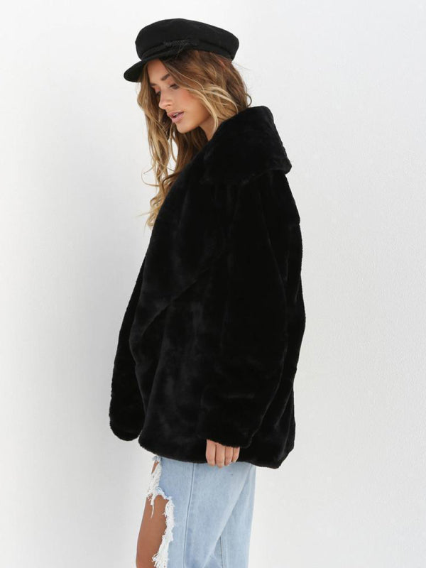 Women’s Solid Color Shawl Collar Faux Fur Coat