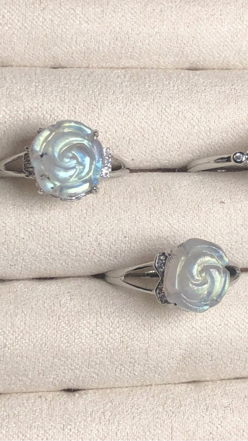 Labradorite Rose Ring – Stainless Steel, Adjustable, Floral Design